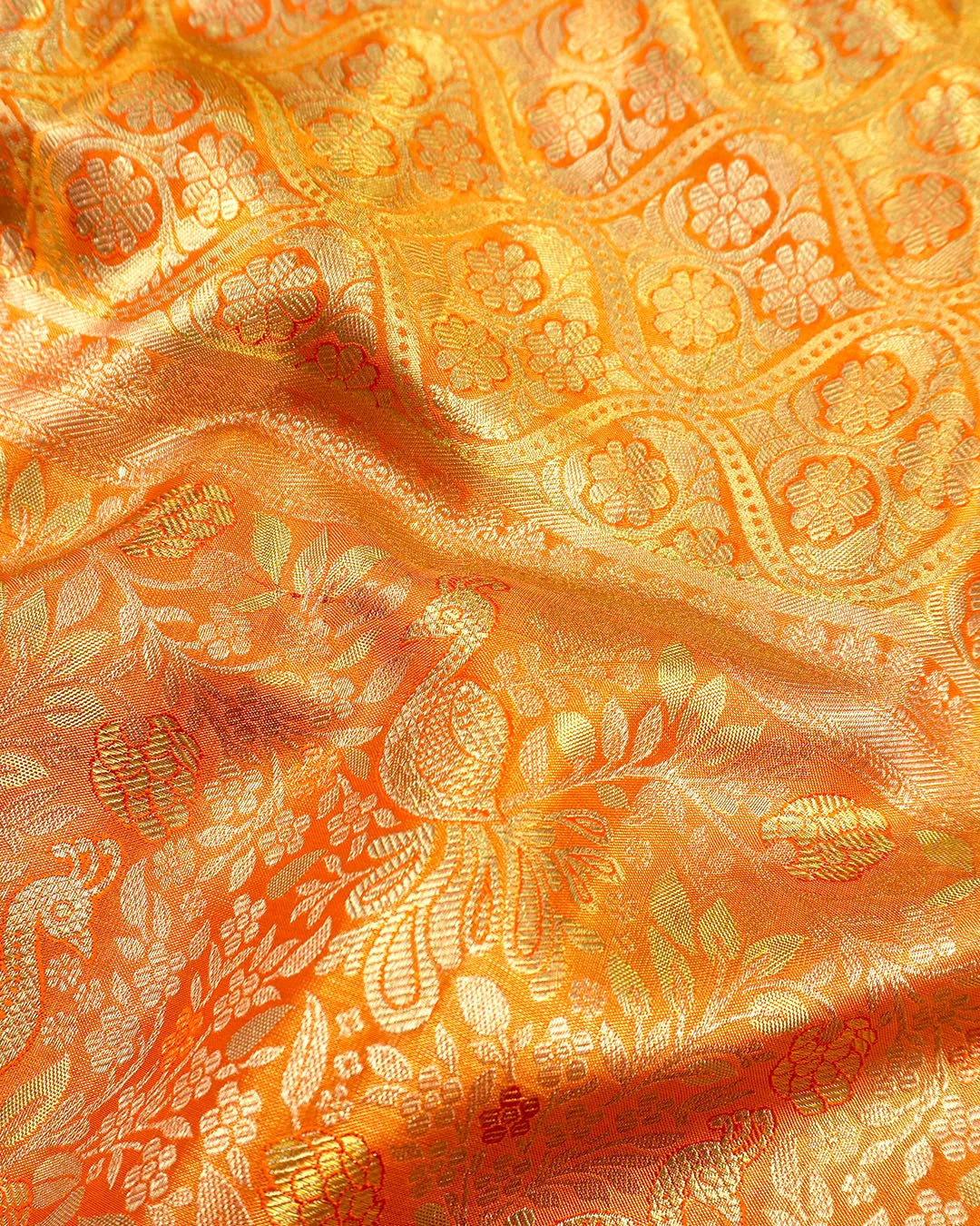 Lilac Pure Kanjivaram Saree with Floral Vine Jaal with Orange Contrast Border
