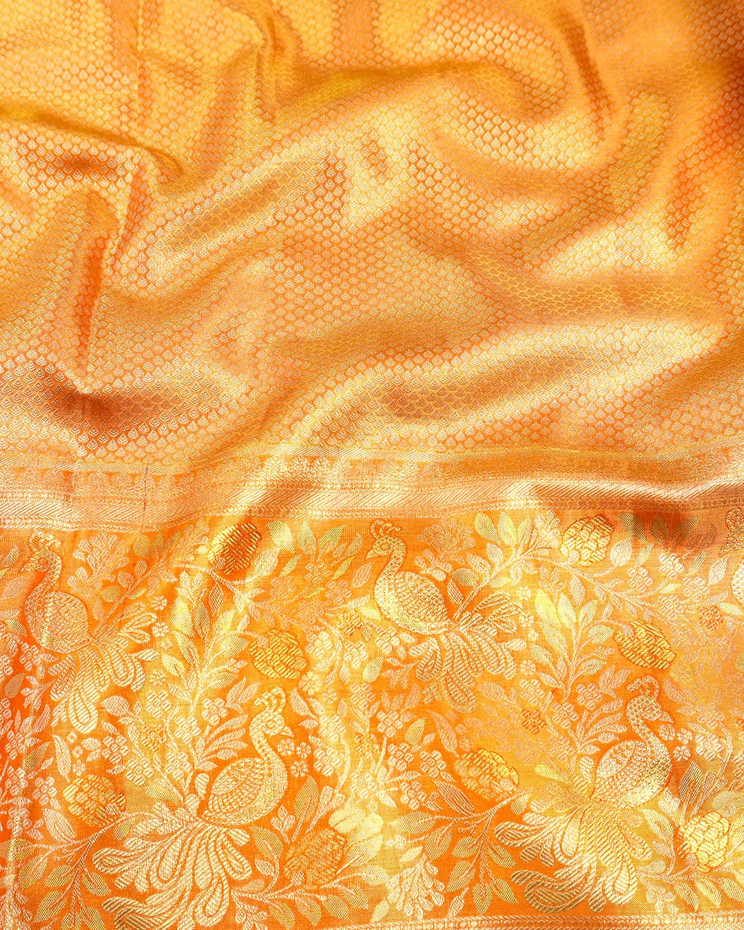 Lilac Pure Kanjivaram Saree with Floral Vine Jaal with Orange Contrast Border