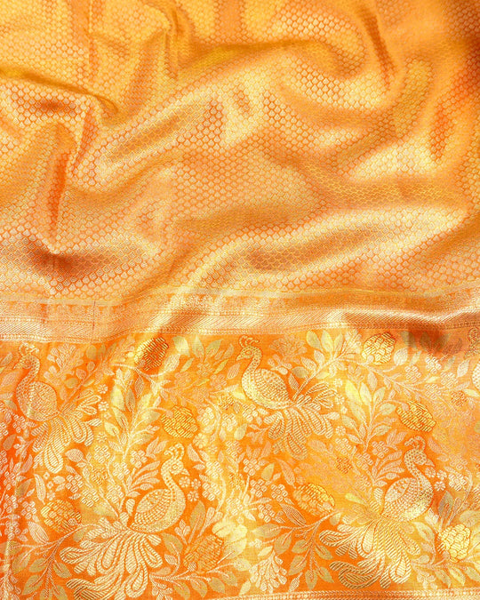 Lilac Pure Kanjivaram Saree with Floral Vine Jaal with Orange Contrast Border