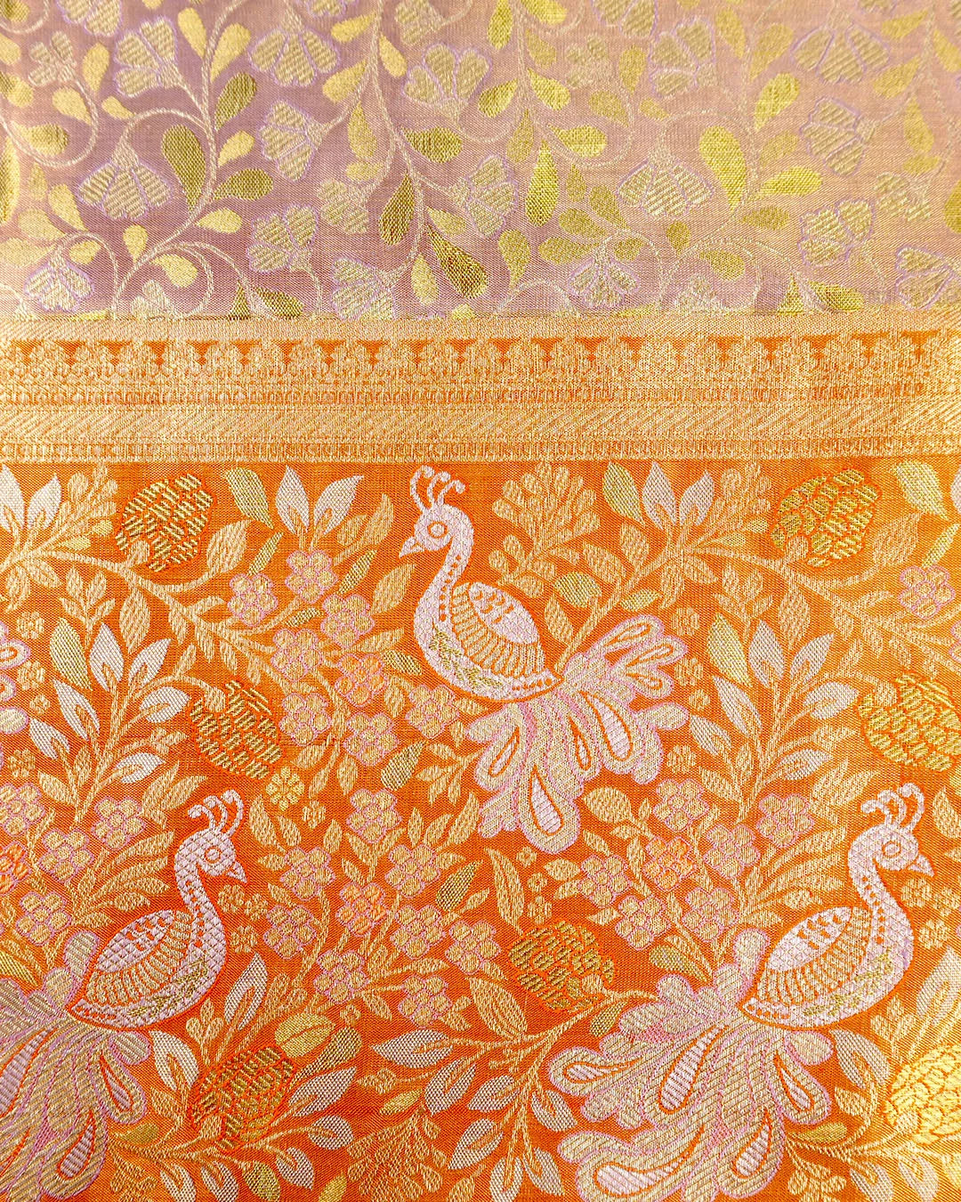 Lilac Pure Kanjivaram Saree with Floral Vine Jaal with Orange Contrast Border