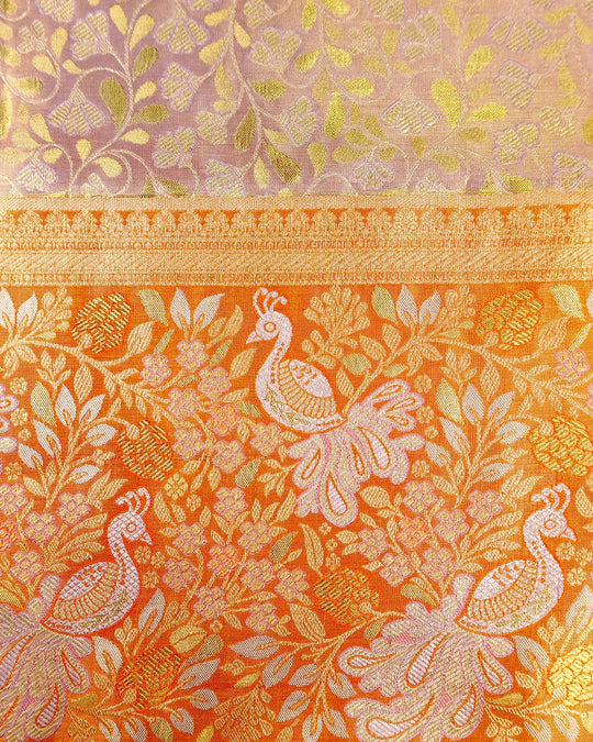 Lilac Pure Kanjivaram Saree with Floral Vine Jaal with Orange Contrast Border