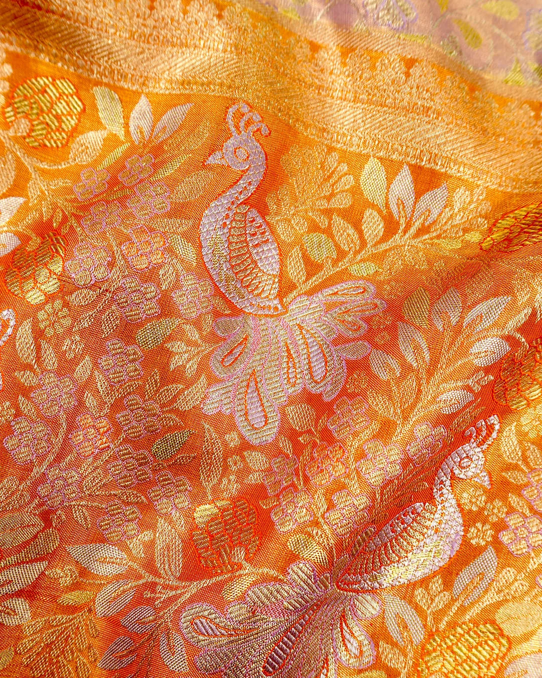 Lilac Pure Kanjivaram Saree with Floral Vine Jaal with Orange Contrast Border