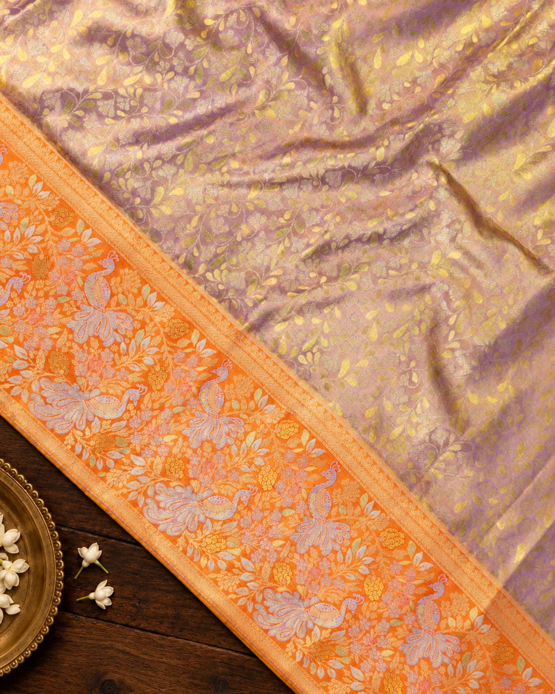 Lilac Pure Kanjivaram Saree with Floral Vine Jaal with Orange Contrast Border