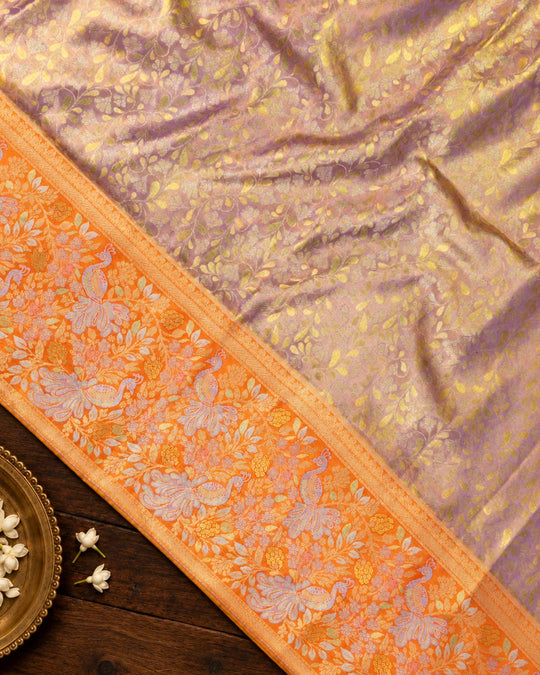Lilac Pure Kanjivaram Saree with Floral Vine Jaal with Orange Contrast Border
