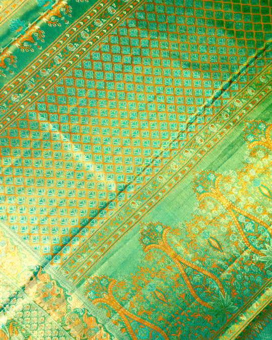 Saffron Pure Kanjivaram Saree with Floral Vine Jaal Weaves with Contrast Border