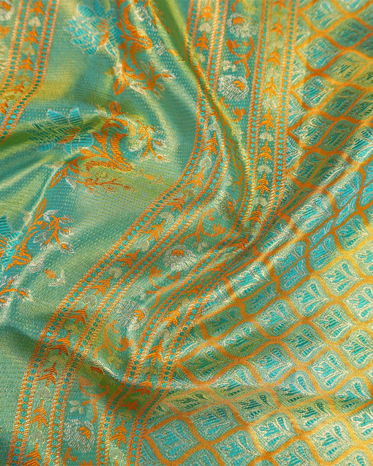Saffron Pure Kanjivaram Saree with Floral Vine Jaal Weaves with Contrast Border