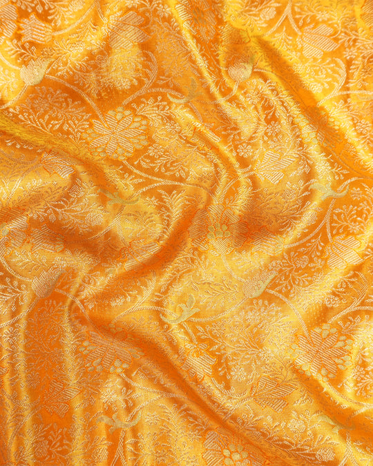 Saffron Pure Kanjivaram Saree with Floral Vine Jaal Weaves with Contrast Border