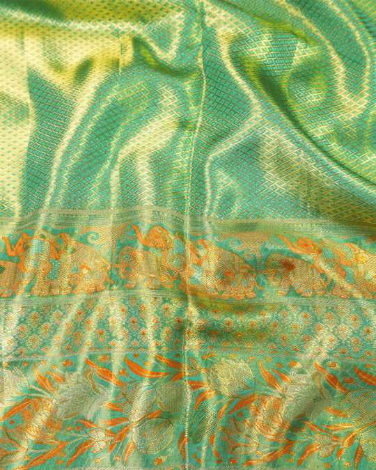Saffron Pure Kanjivaram Saree with Floral Vine Jaal Weaves with Contrast Border