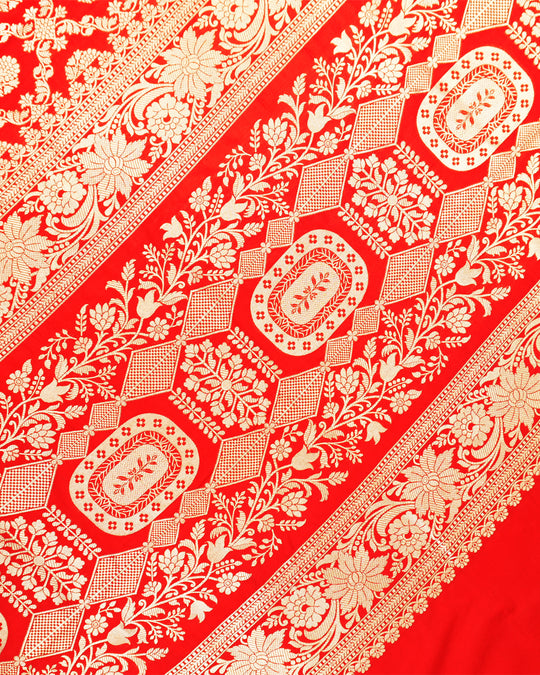 Red Pure Katan Saree with Vine Butidar Weaving