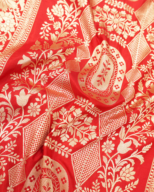 Red Pure Katan Saree with Vine Butidar Weaving