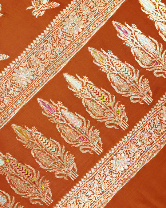 Terracotta Pure Banarasi Saree with Graceful Floral Butidar Weaves