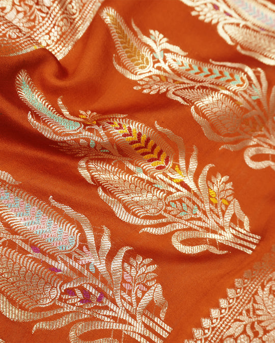 Terracotta Pure Banarasi Saree with Graceful Floral Butidar Weaves