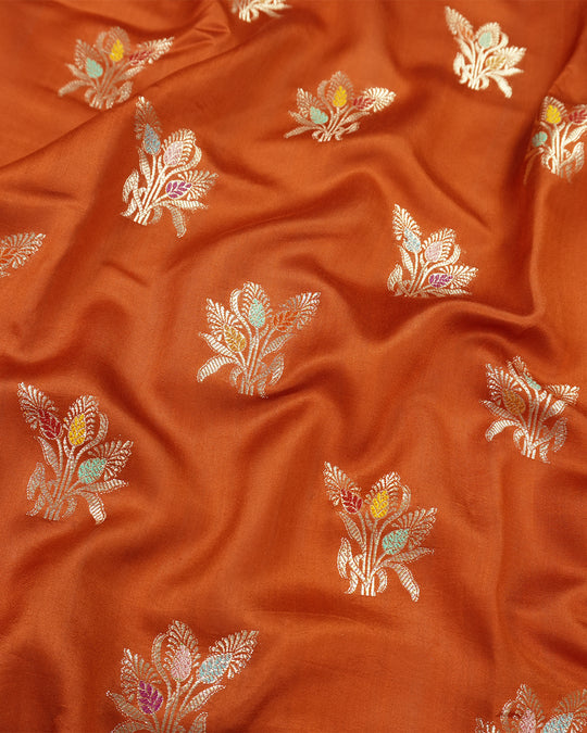 Terracotta Pure Banarasi Saree with Graceful Floral Butidar Weaves