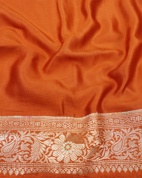 Terracotta Pure Banarasi Saree with Graceful Floral Butidar Weaves