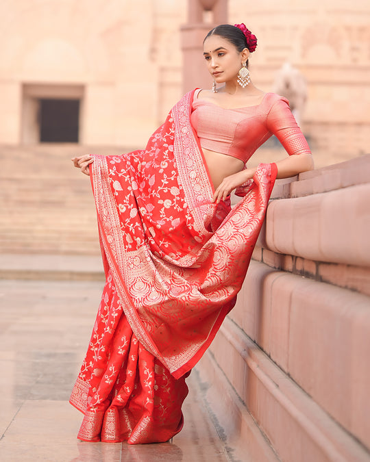 Red Elegance Pure Banarasi Silk Saree with Exquisite Zari Detailing and Craftsmanship