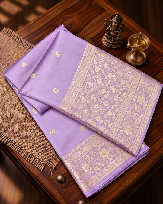 Lavender Pure Banarasi Saree with Delicate Floral Butis and Broad Jaal Border
