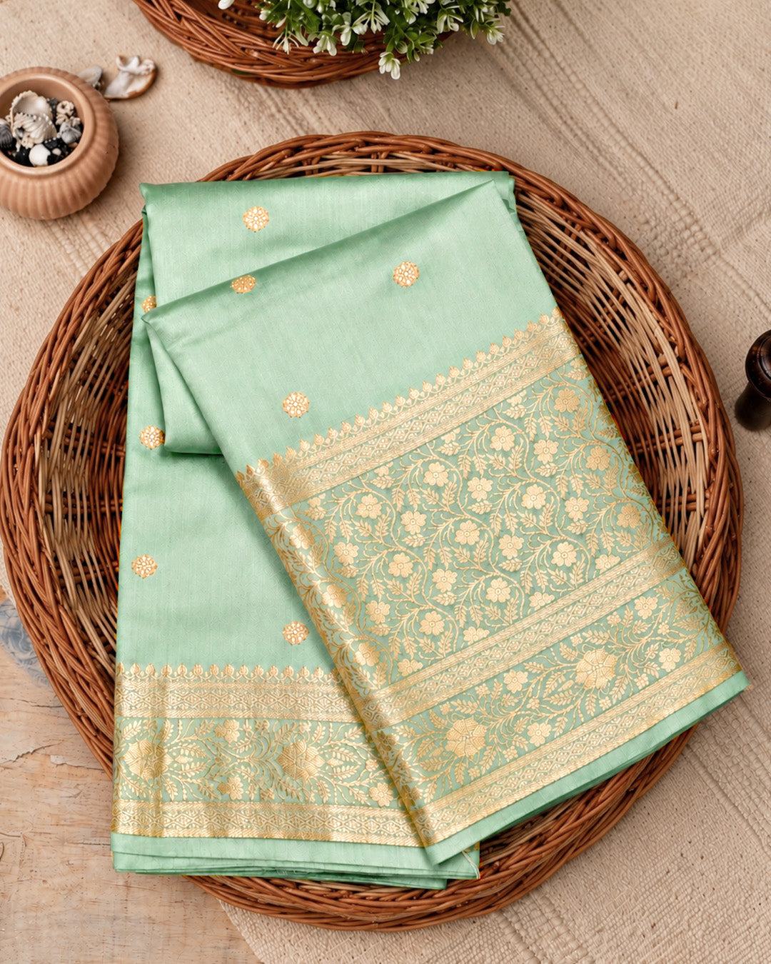 Pista Green Pure Banarasi Saree with Delicate Buti Broad Border Weaves