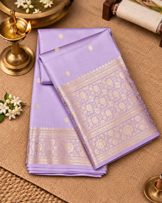 Lavender Pure Banarasi Saree with Delicate Floral Butis and Broad Jaal Border