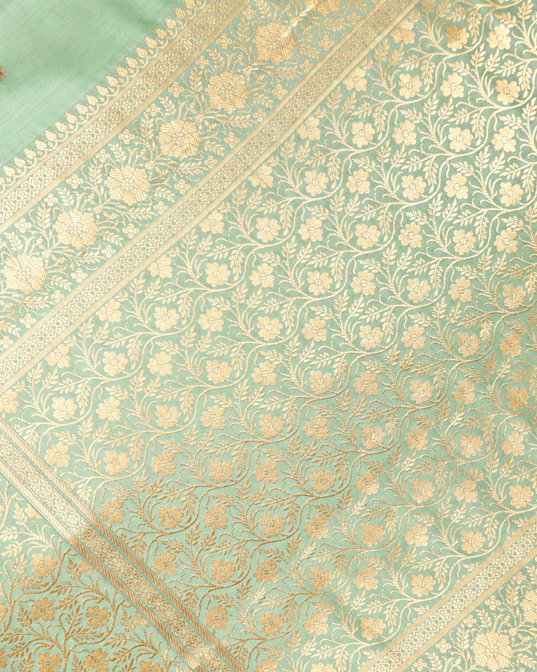 Pista Green Pure Banarasi Saree with Delicate Buti Broad Border Weaves