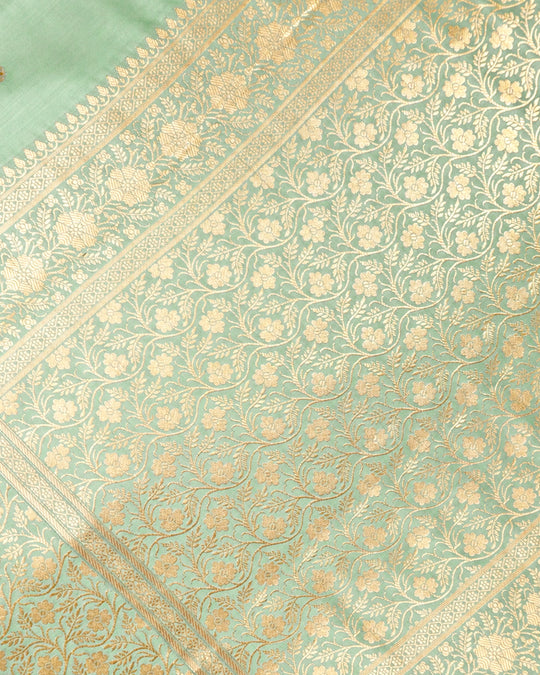 Pista Green Pure Banarasi Saree with Delicate Buti Broad Border Weaves