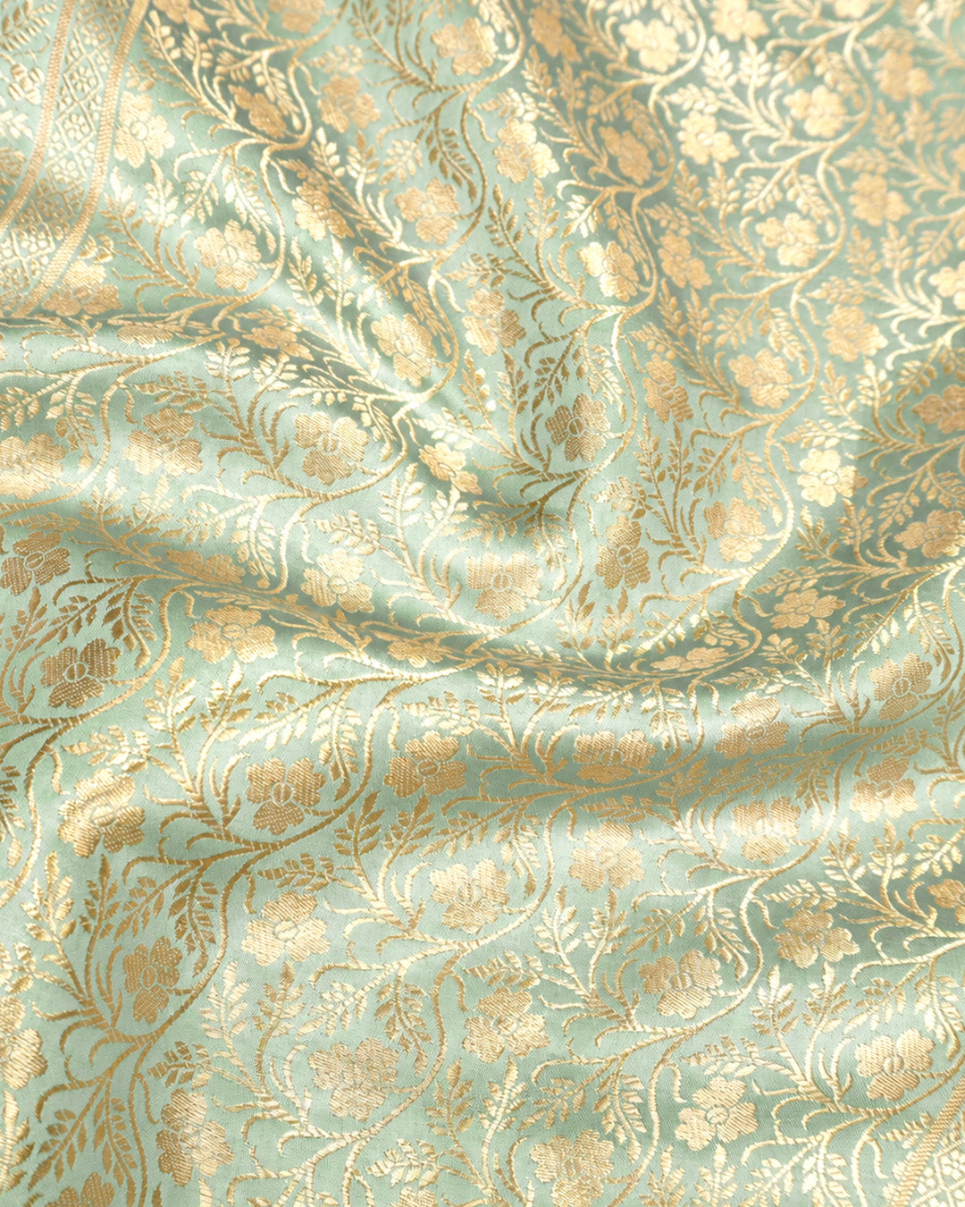 Pista Green Pure Banarasi Saree with Delicate Buti Broad Border Weaves