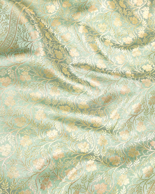 Pista Green Pure Banarasi Saree with Delicate Buti Broad Border Weaves