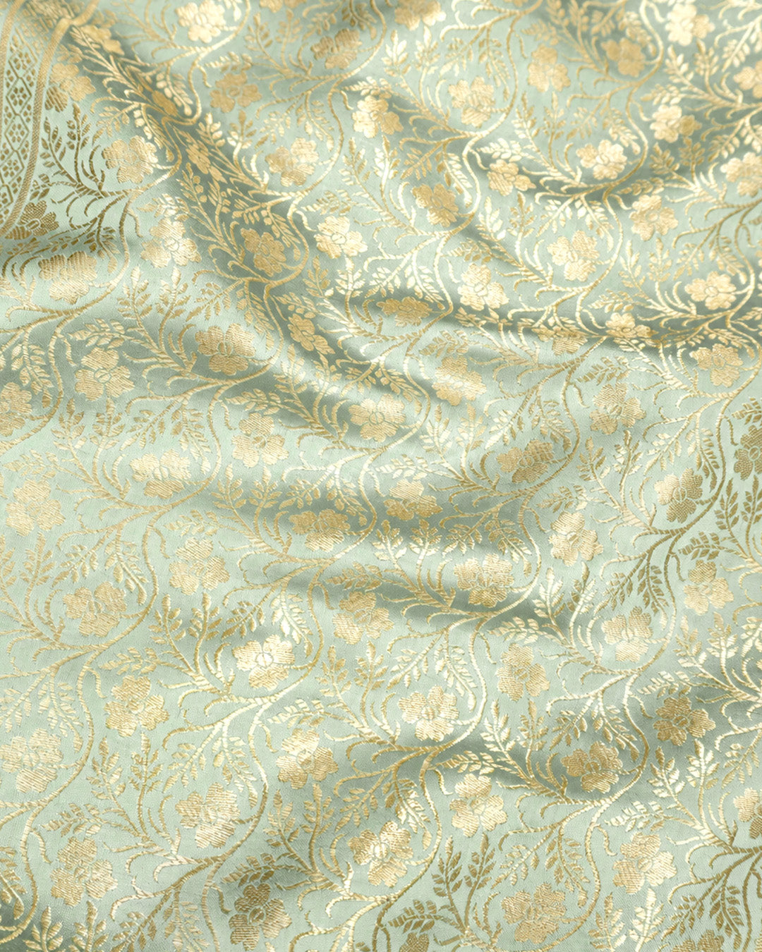 Pista Green Pure Banarasi Saree with Delicate Buti Broad Border Weaves