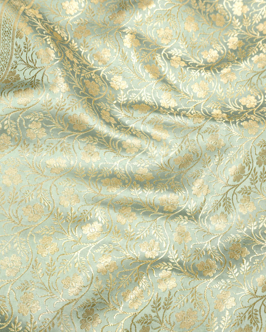 Pista Green Pure Banarasi Saree with Delicate Buti Broad Border Weaves