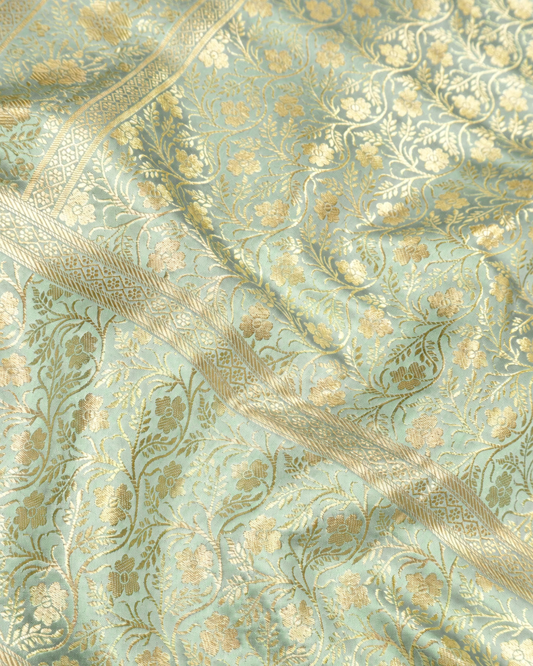 Pista Green Pure Banarasi Saree with Delicate Buti Broad Border Weaves