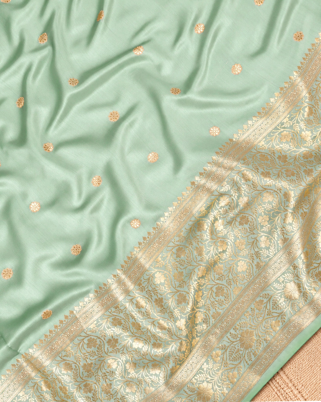 Pista Green Pure Banarasi Saree with Delicate Buti Broad Border Weaves