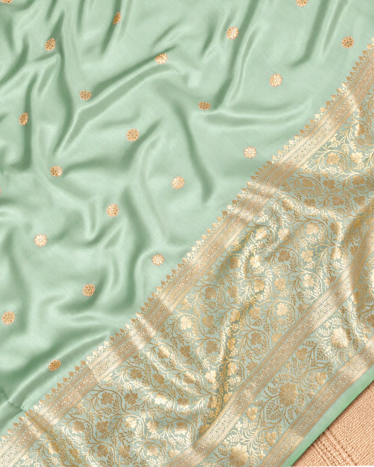 Pista Green Pure Banarasi Saree with Delicate Buti Broad Border Weaves