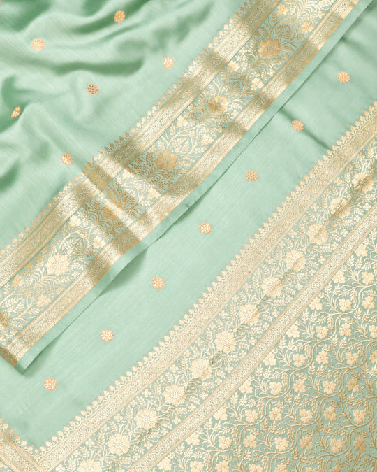 Pista Green Pure Banarasi Saree with Delicate Buti Broad Border Weaves