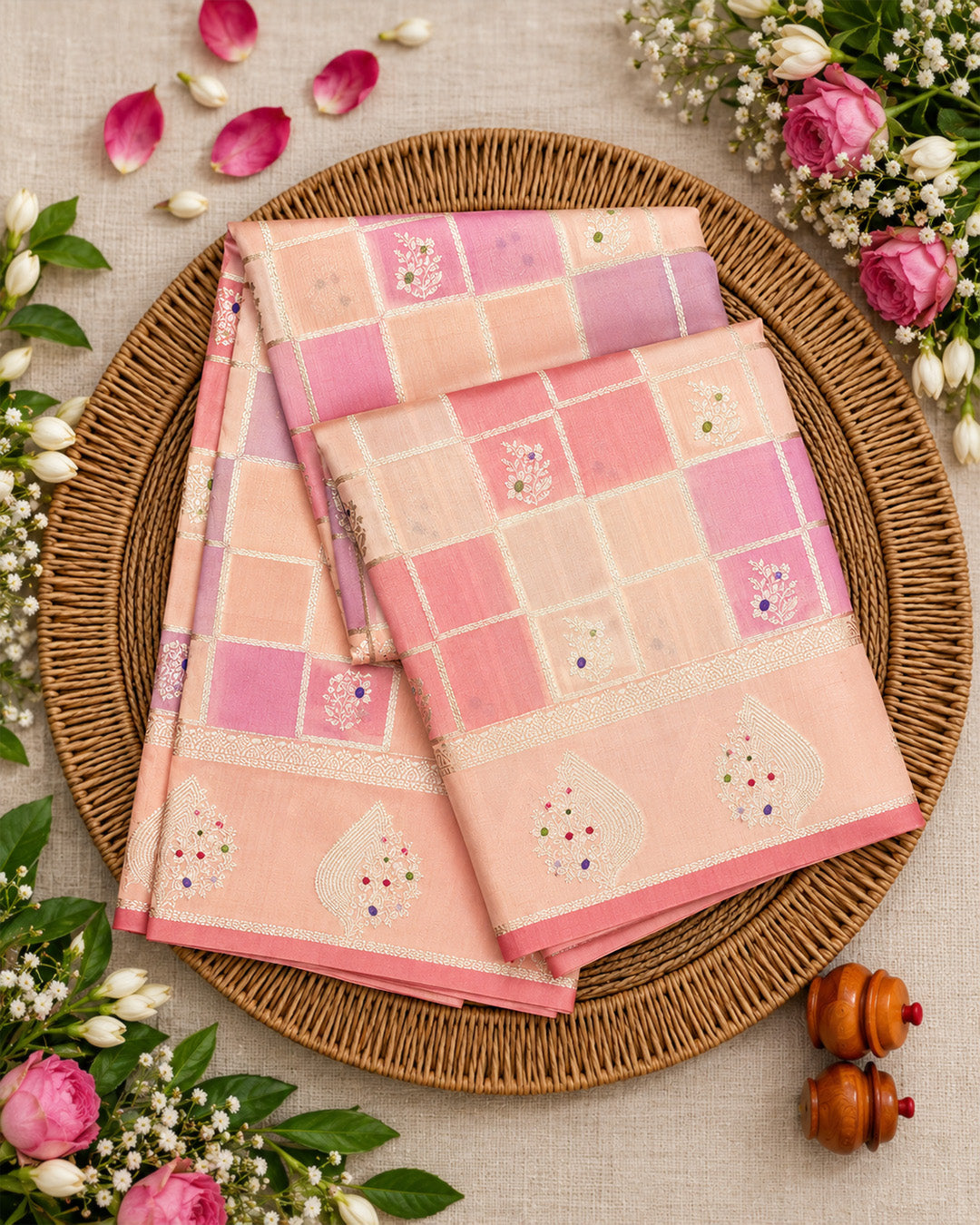 Pastel Rangkat Pure Banarasi Saree with Checks & Multicolour Floral Buti Motifs Weaves