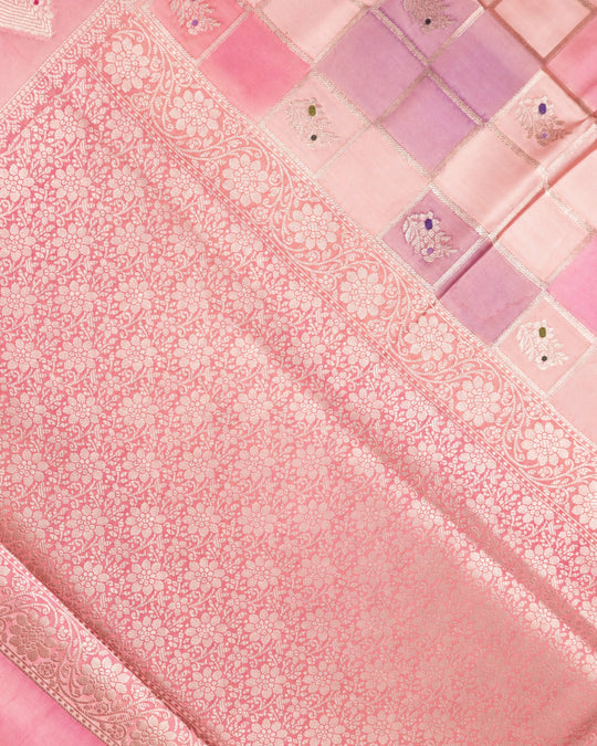 Pastel Rangkat Pure Banarasi Saree with Checks & Multicolour Floral Buti Motifs Weaves