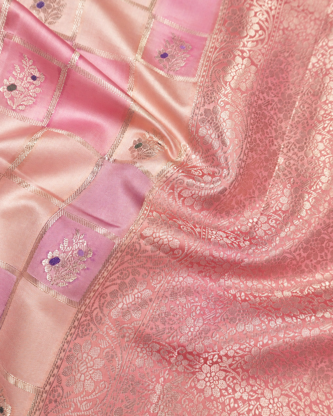 Pastel Rangkat Pure Banarasi Saree with Checks & Multicolour Floral Buti Motifs Weaves
