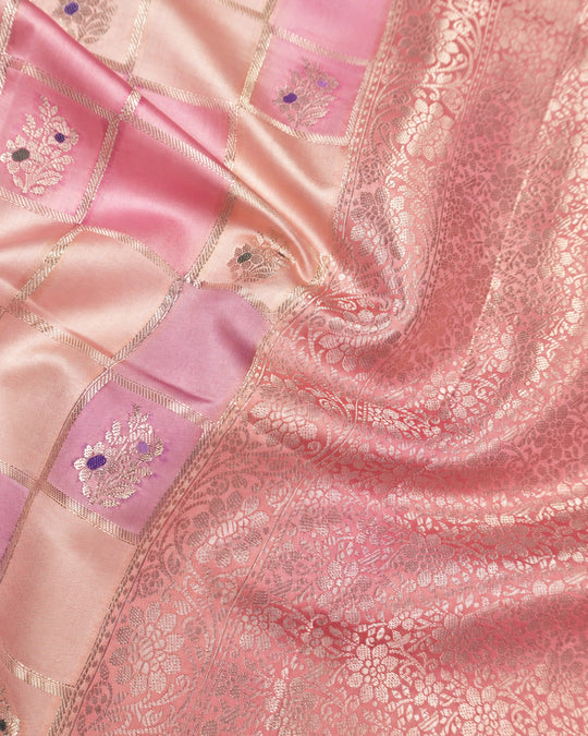 Pastel Rangkat Pure Banarasi Saree with Checks & Multicolour Floral Buti Motifs Weaves