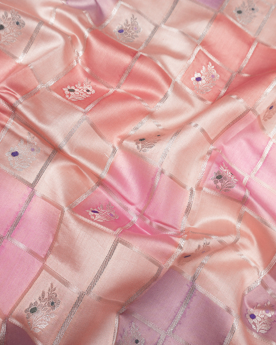 Pastel Rangkat Pure Banarasi Saree with Checks & Multicolour Floral Buti Motifs Weaves