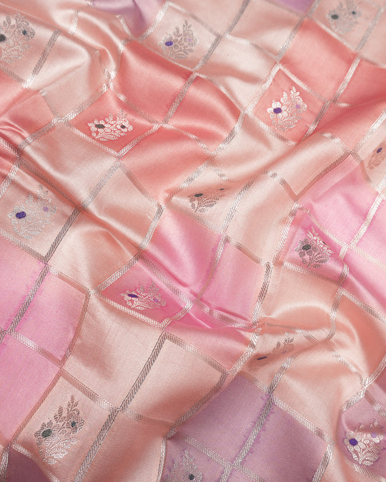Pastel Rangkat Pure Banarasi Saree with Checks & Multicolour Floral Buti Motifs Weaves