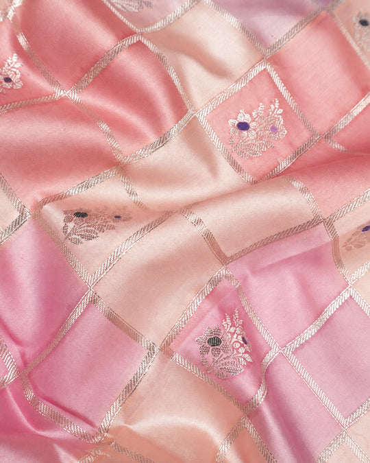 Pastel Rangkat Pure Banarasi Saree with Checks & Multicolour Floral Buti Motifs Weaves