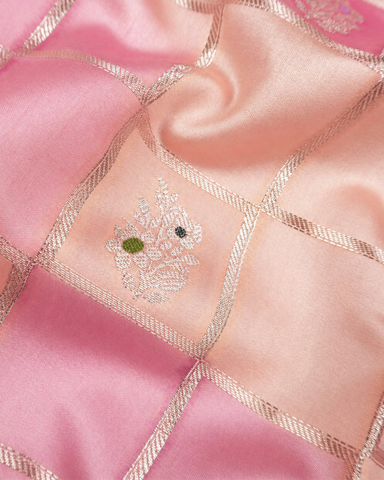 Pastel Rangkat Pure Banarasi Saree with Checks & Multicolour Floral Buti Motifs Weaves