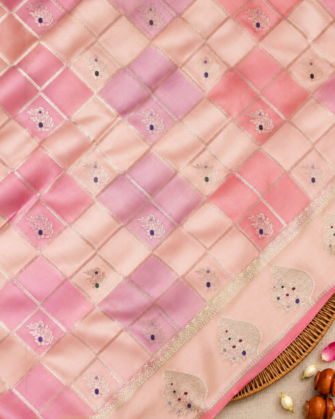 Pastel Rangkat Pure Banarasi Saree with Checks & Multicolour Floral Buti Motifs Weaves