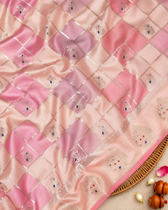 Pastel Rangkat Pure Banarasi Saree with Checks & Multicolour Floral Buti Motifs Weaves