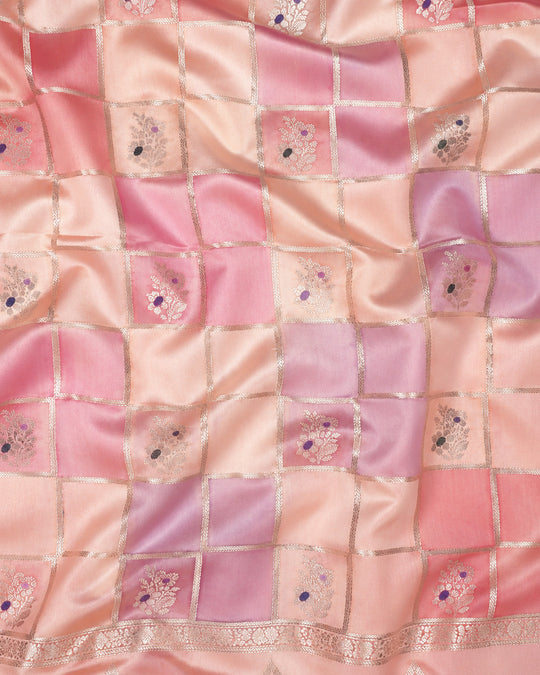 Pastel Rangkat Pure Banarasi Saree with Checks & Multicolour Floral Buti Motifs Weaves
