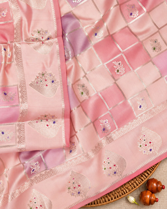 Pastel Rangkat Pure Banarasi Saree with Checks & Multicolour Floral Buti Motifs Weaves