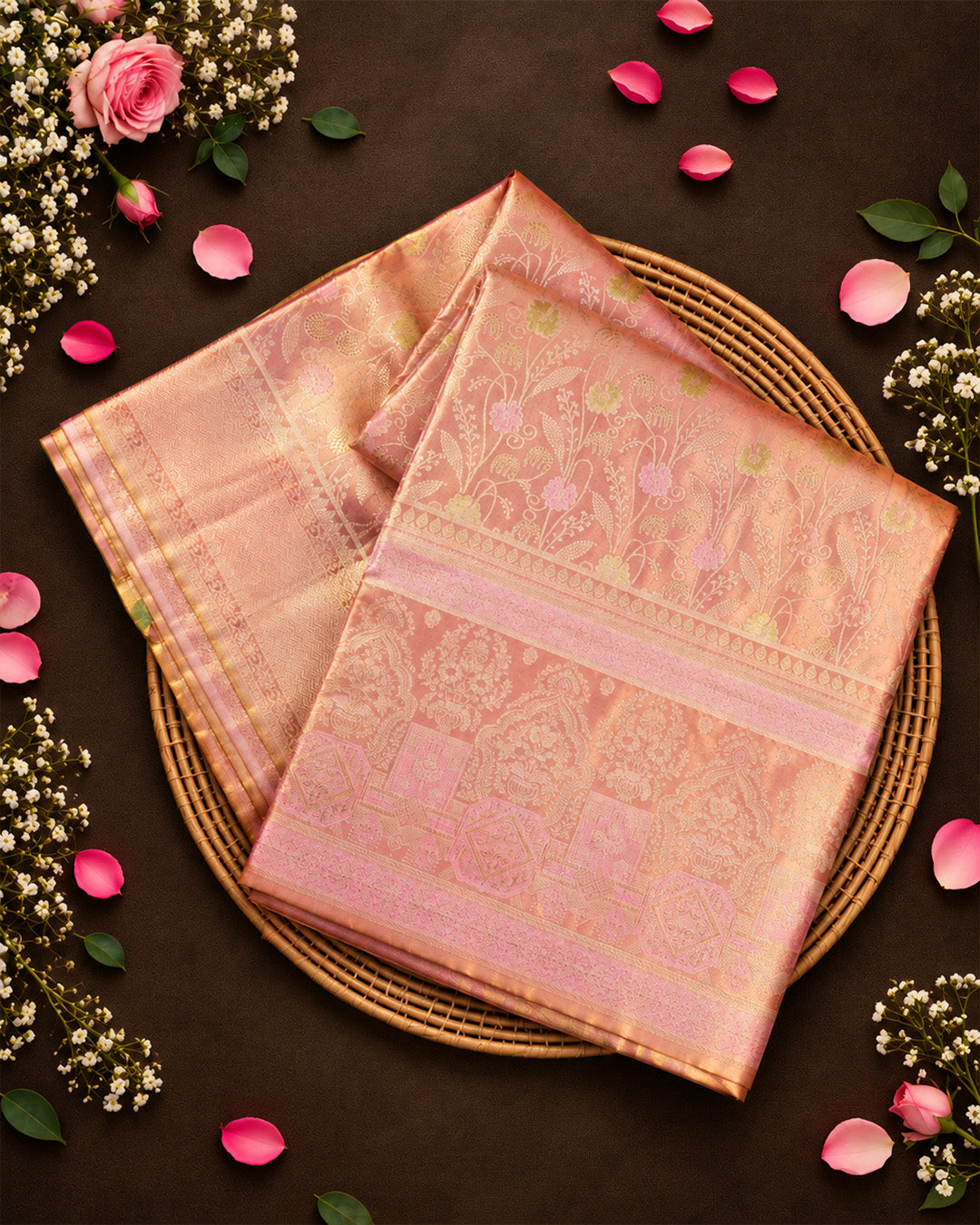 Soft Pink Pure Kanjivaram Saree with Meenakari Floral Jaal Weaving