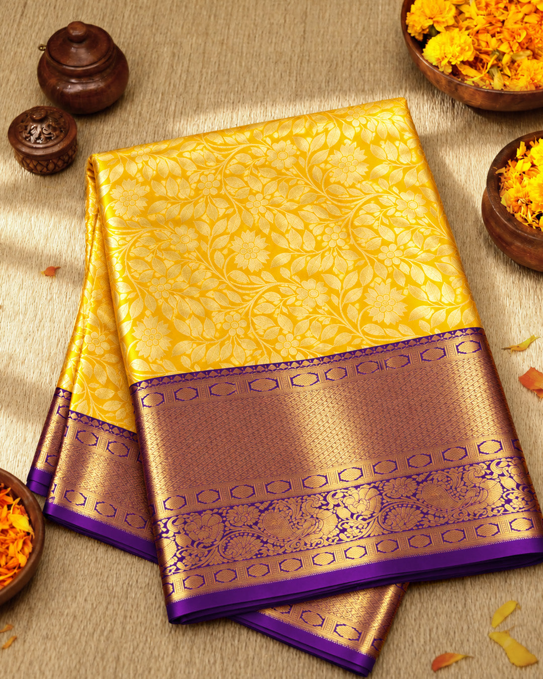 Yellow Pure Kanjivaram Saree with Floral Weaving
