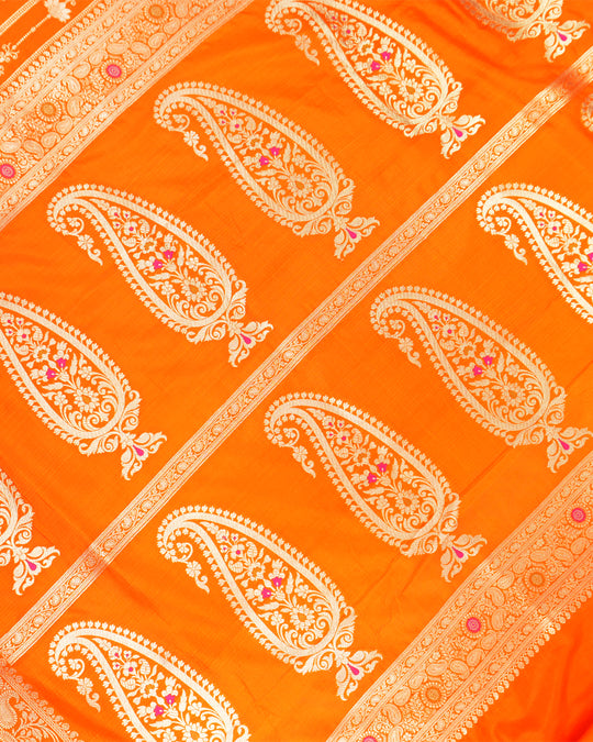 Orange Pure Katan Saree with Floral Butta Weaves