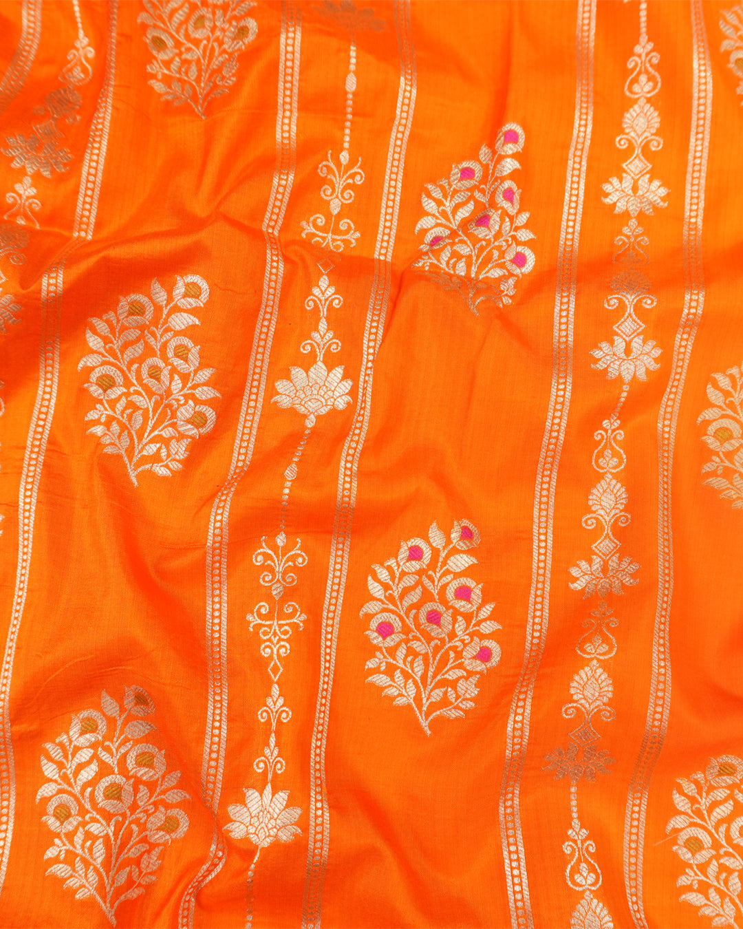 Orange Pure Katan Saree with Floral Butta Weaves