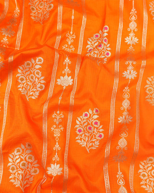 Orange Pure Katan Saree with Floral Butta Weaves