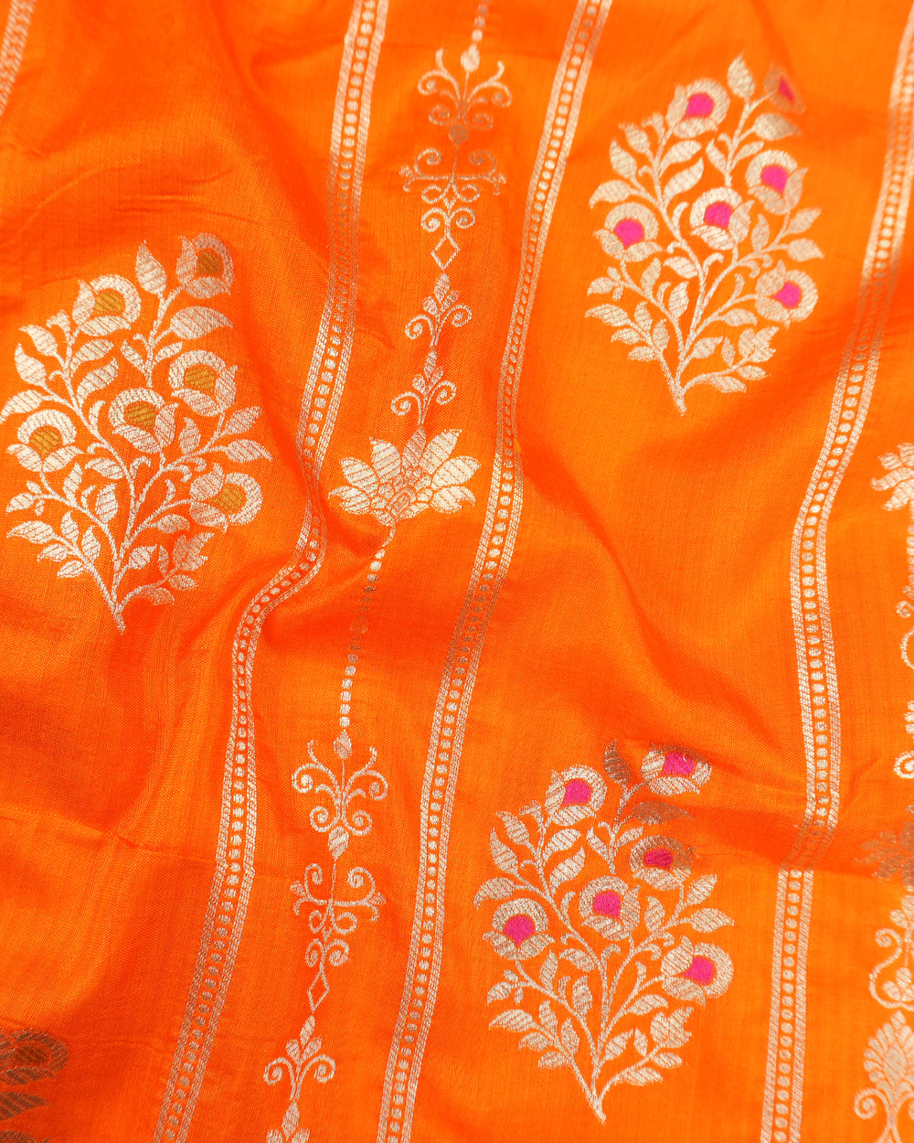 Orange Pure Katan Saree with Floral Butta Weaves